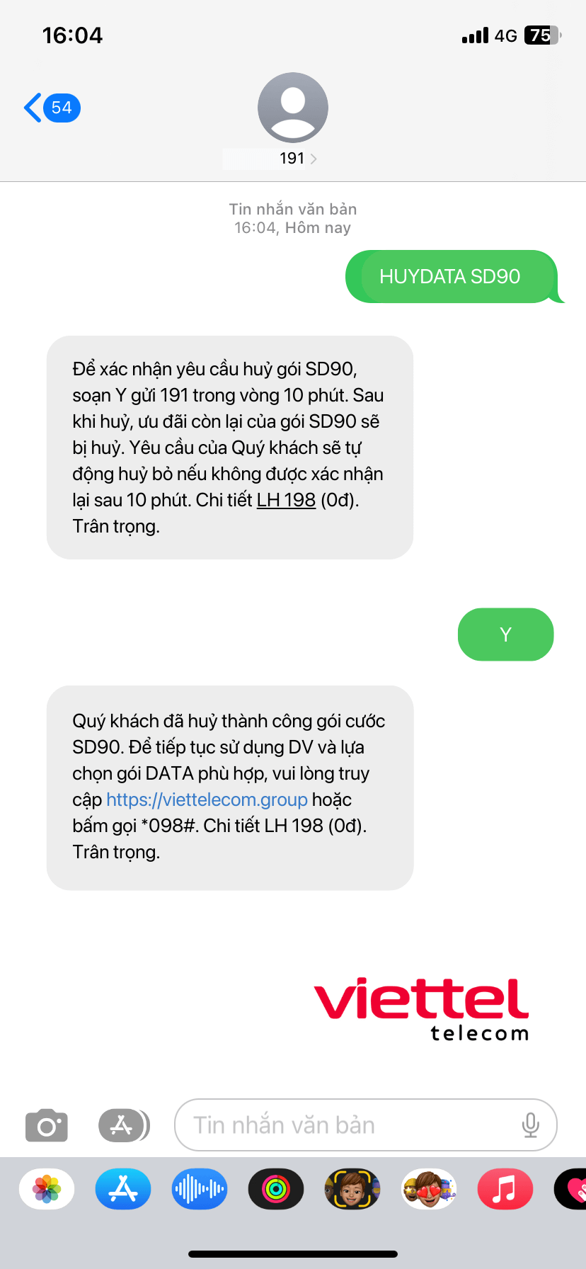 huy goi Viettel qua tin nhan